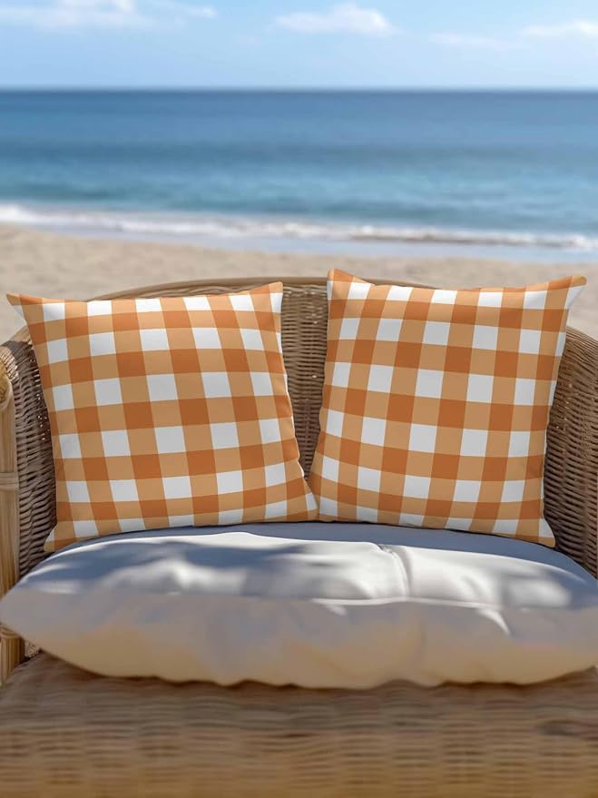 Waterproof Outdoor Pillow 1 Pack Orange Buffalo Plaid Decorative Throw Pillows Cover & Insert 18x18 Inch Pillowcase Check Lines Square Pillows for Couch Sofa Bed Patio Furniture Indoor Outdoor