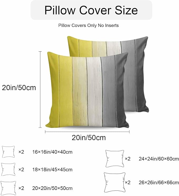 Throw Pillow Covers 20x20 Inch Set of 2, Yellow Gray Ombre Waterproof Outdoor Cushion Covers, Vintage Country Wooden Decorative Pillowcases for Couch, Sofa, Bed, Garden, Patio