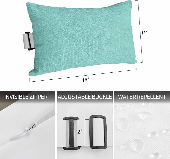 1PCS Outdoor Pillow for Chaise Lounge Chair Rustic Linen Texture Waterproof Headrest Cushion with Insert Modern Turquoise Pure Color Style Lumbar Pillow for Beach Patio Poolside Office,11x16in