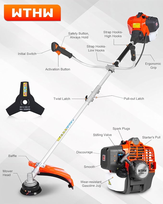 52CC Gas Weed Eater, 3-in-1 String Trimmer/Brush Cutter/Edger – 18″ Cutting Swath, Balanced 18.5LB Design, Full-Crank 2-Stroke Engine, Quick-Start System for Effortless Yard Care (PT6091)