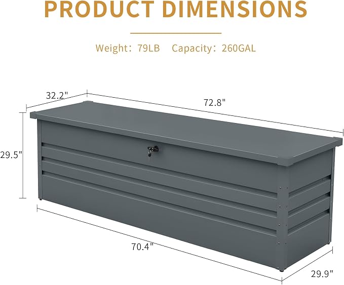 Outdoor Storage Box, 260 Gallon Deck Box, Metal Waterproof Lockable UV Resistant Extra Large Patio Storage Box for Patio Furniture Cushions, Gardening Tools, Pool Accessories