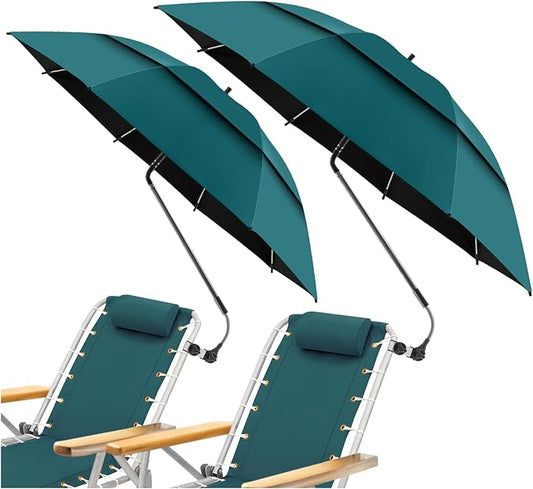 2 Pack 48.6" Double Canopy Beach Umbrella with Clamp, UPF50+ Beach Chair Umbrella with clip, 360°Adjustable Portable Outdoor Wheelchair, Patio, Golf Carts,Camping(Blackish Green, Not Include Chair)