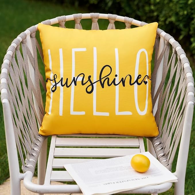 DFXSZ Yellow Outdoor Waterproof Pillow Covers 22x22 Set of 2 Hello Sunshine | Hello Sunshine Decor Spring Summer Polyester Pillow Covers(NO INSERTS)| Decor for Patio Funiture Garden Sofa Couch