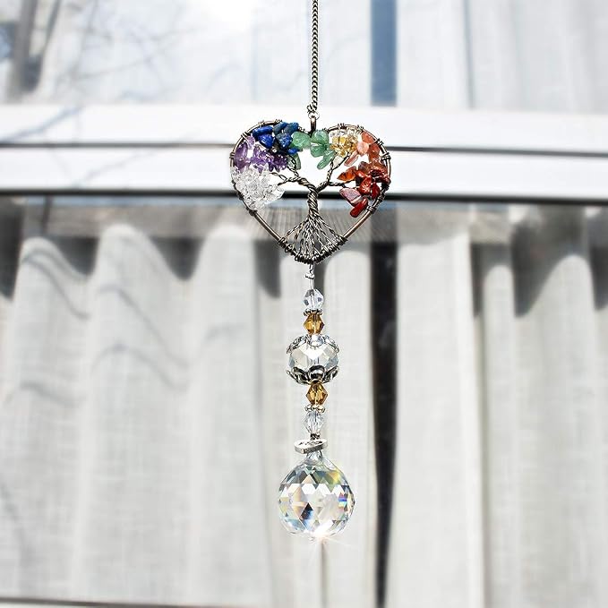 Tree of Life Heart Crystal Ball Prism Suncatcher Pendant Decor | Tree of Life Heart Shaped Crystal Ball Prism Pendant Suncatcher Window Hanging Ornament for Home Garden Office Wedding Decor
