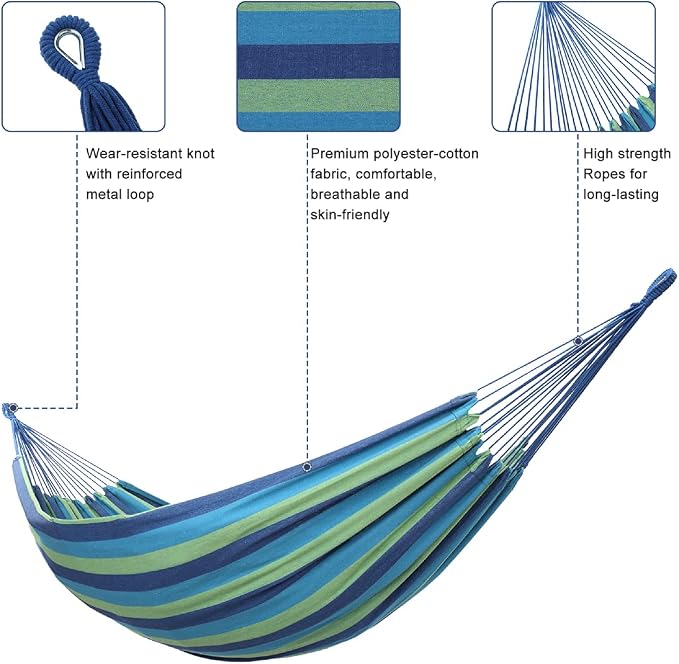 ONCLOUD Extra Long and Wide Double Hammock for Travel Camping Backyard, Porch, Outdoor or Indoor Use, Carrying Pouch Included (Blue/Green Stripes)
