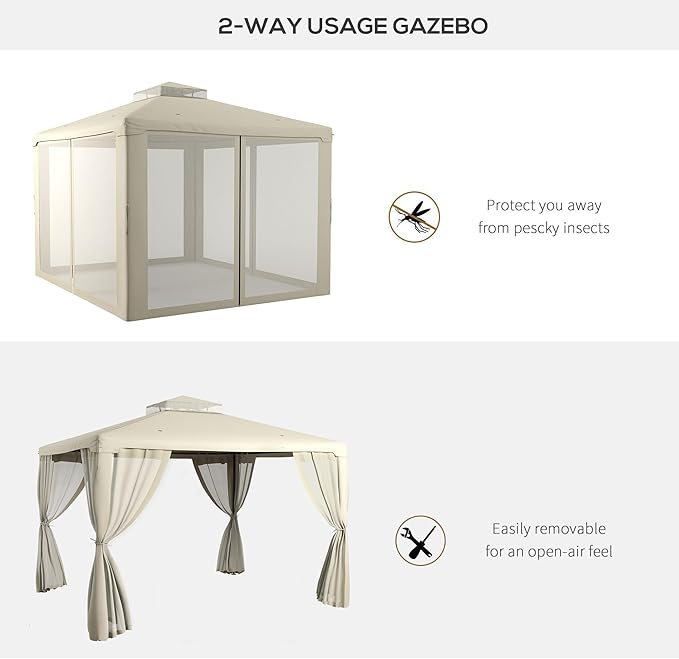Outsunny 9.6' x 11.6' Patio Gazebo, Outdoor Canopy Shelter with 2-Tier Roof and Netting, Steel Frame for Garden, Lawn, Backyard, and Deck, Cream White