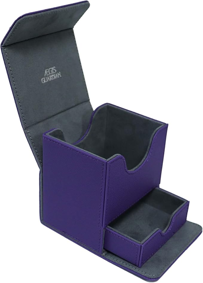 AEGIS GUARDIAN Card Deck Box with Dice Tray for MTG Cards, Commander Deck Box fit 150+ Sleeved Cards, PU Leather Card Storage Box Strong Magnet Deck Game Case for TCG CCG, Purple and Gray
