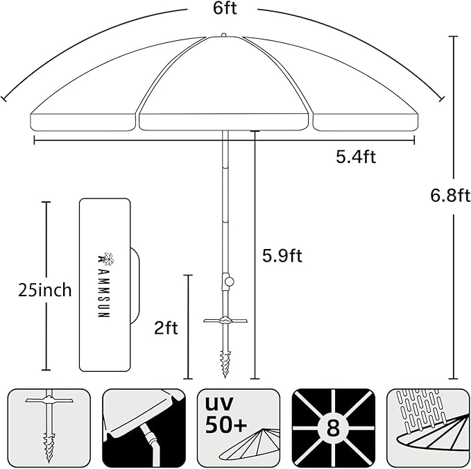 AMMSUN 6ft Folded Portable Travel Beach Umbrella with Sand Anchor Tilt Air vent UPF 50+UV Protection Fit In Suitcase Compact Foldable Telescopic umbrellas for Patio Garden Beach Pool Blue