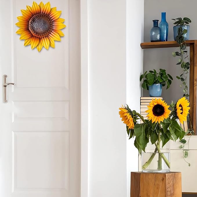 YEAHOME Sunflower Wall Decor - 9'' Metal Flower Wall Art Decorations 3 PACK Spring Yard Garden Sunflower Decor Hanging for Kitchen, Bathroom, Bedroom, Set of 3 Handmade Gift for Home, Indoor, Outdoor