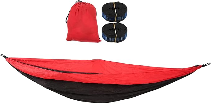 Camping Hammock for 2 Person, Portable Parachute Nylon Hammock, Double Lightweight Backpacking Hammock with Mountaineering Buckles, 300 x 200 cm for Outdoor Camping (Red and Black)