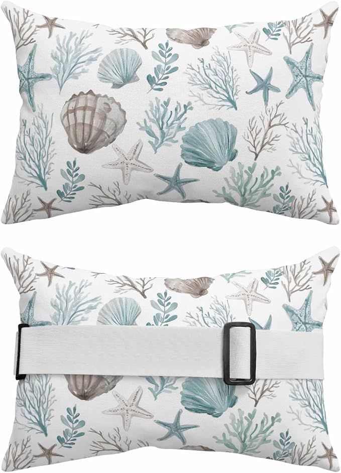 Teal Coastal Outdoor Pillows with Insert 11x16 Inch Summer Starfish Shell Coral Nautical Waterproof Headrest Pillows with Adjustable Strap Lounger Chair Throw for Patio Furnitures, 1 Pack