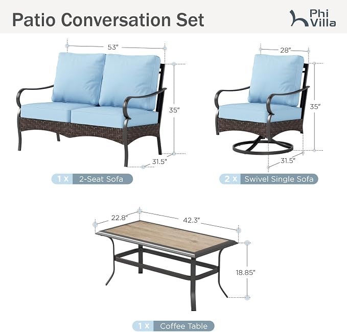 PHI VILLA Outdoor Porch Furniture Set, Upgraded Wicker & Metal Deep Seating Patio Furniture Conversation Set with Waterproof Thick Cushions for Balcony, Yard (4 Pieces,Blue)