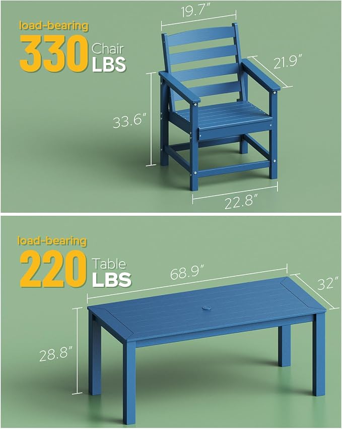 Outdoor HDPE Dining Table Set 7-Piece, All-Weather Outdoor Table and Chairs with Umbrella Hole Cut-Out, Patio Furniture for Garden, Backyard, Deck (Blue)