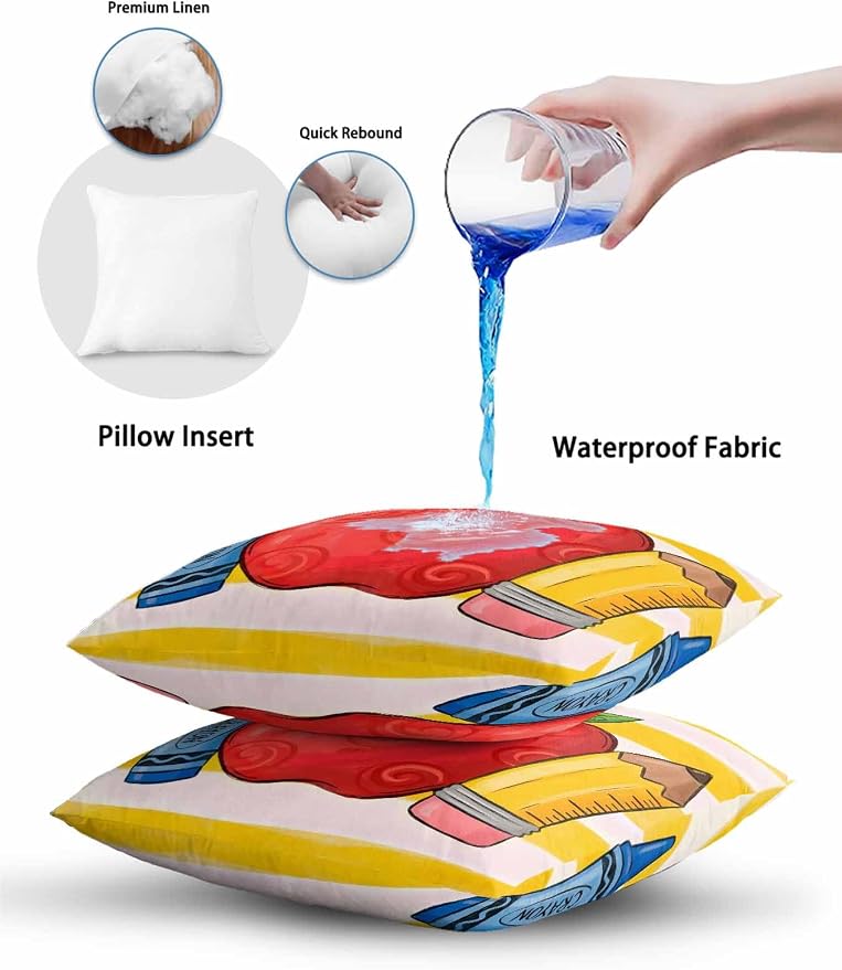 Outdoor Throw Pillow Set of 2, Children's Day Waterproof Pillow with Insert Included, Funny Cartoon Pencil Yellow Striped Decorative Accent Cushion Lumbar Pillows for Patio Porch, 12 x 20 in
