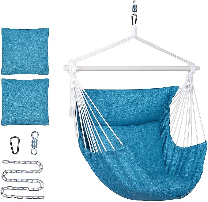Backyard Expressions Hanging Hammock Chair Swing with Cushions & Hanging Kit – 500 lb Capacity, Cotton Blend Fabric, for Indoor/Outdoor Use – Includes Chain, Hooks & Spring – 5 Colors