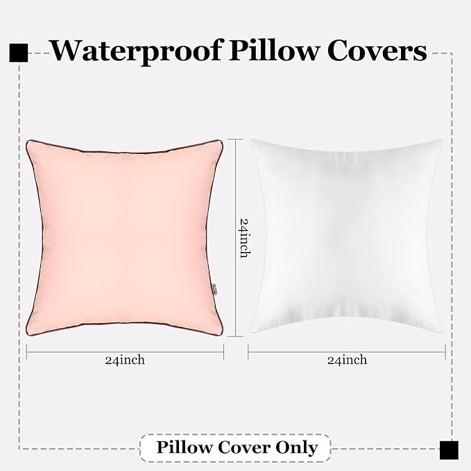 Set of 2 Outdoor Waterproof Pillow Covers Fade and UV Resistant Silicone Leather Square Cushion Cases Durability Pillowcases for Garden Patio Porch Couch, Pink, 24x24 Inch