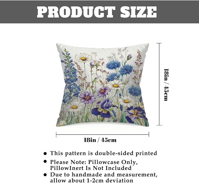 18x18 Inch Outdoor Pillow Covers Set of 2 Waterproof Throw Pillow Covers Decorative Couch Cushion Covers Watercolor Wildflowers Art Square Pillowcases Protectors for Patio Garden Sofa