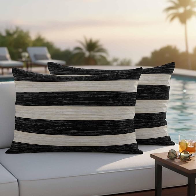 Black Cream Striped Outdoor Pillow Covers 20x12 Inch Lumbar Pillow Covers Set of 2 Waterproof Decorative Throw Pillow Cases Farmhouse Vintage Shabby Chic Wood Grain Cushion Covers for Patio Furniture