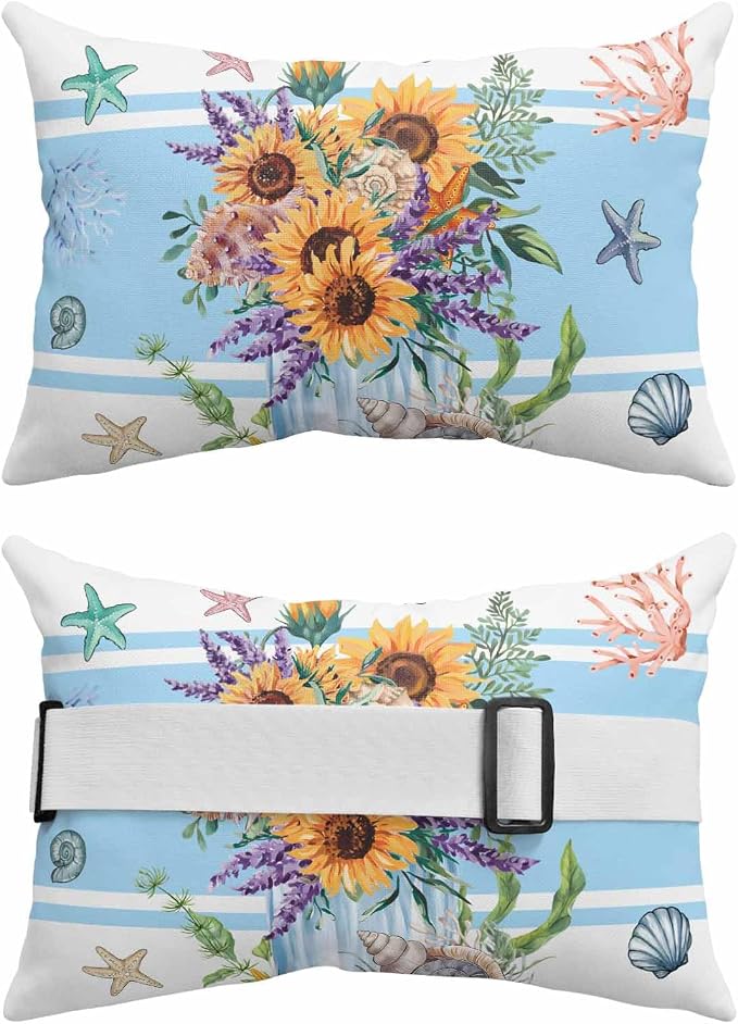 Pack of 2 Outdoor Lumbar Cushions Pillows, Summer Sunflower Blue Stripe Starfish Shell Ocean Flower Waterproof Fluffy Fade Body Pillows, Patio Furniture Pillow for Home Balcony Garden Decor 11x16IN