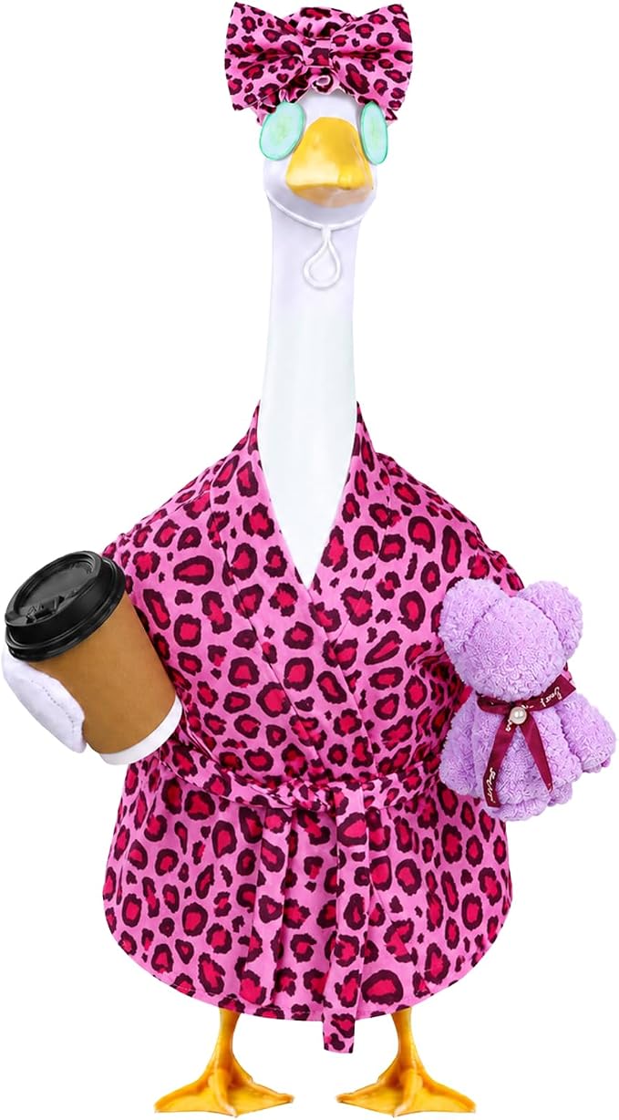 Celltestria Lady Goose Outfits for 23" Geese Bathrobe Rose Pink Leopard Porch Goose Costume Coffee Cup Bear Cucumber Eye Mask Goose Clothes for Outdoor Patio Yard Lawn Garden Decoration