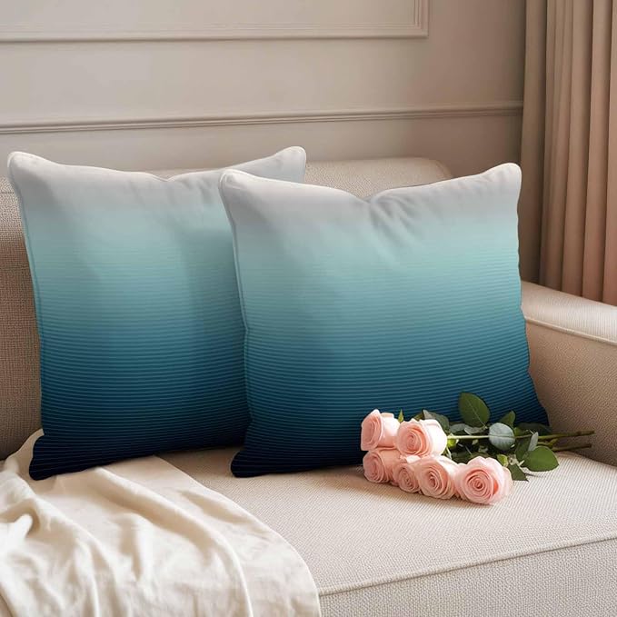 Waterproof Pillow Covers Set of 2,Black Teal and Gray Color Ombre Outdoor Pillow Protectors with Zipper Pillowcases for Patio Tent Garden Beach 26x26 Inches Modern Abstract Stripe Art