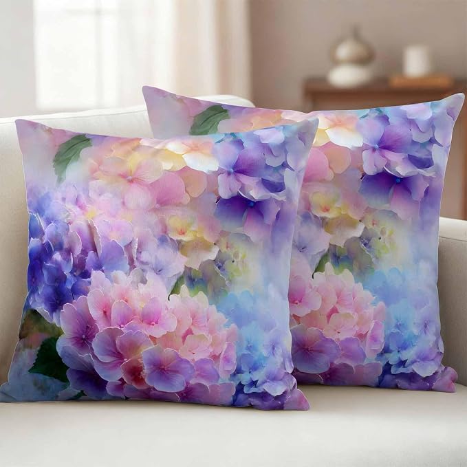 Pink Purple Floral Outdoor Pillow Cover 24x24 Inch Cushion Sham Case, Spring Hydrangea Flower Fantasy Botanical Waterproof Decorative Square Throw Pillowcase for Outside Garden Patio Porch Couch Chair