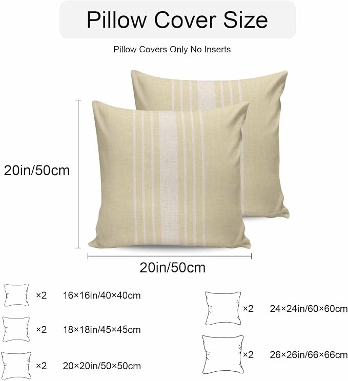 Vandarllin Outdoor Throw Pillows Covers 24x24 inch Set of 2 Waterproof Cream Vertical Stripes Decorative Zippered Cushion Covers for Patio Furniture, Classic Striped Linen Lumbar Pillowcases