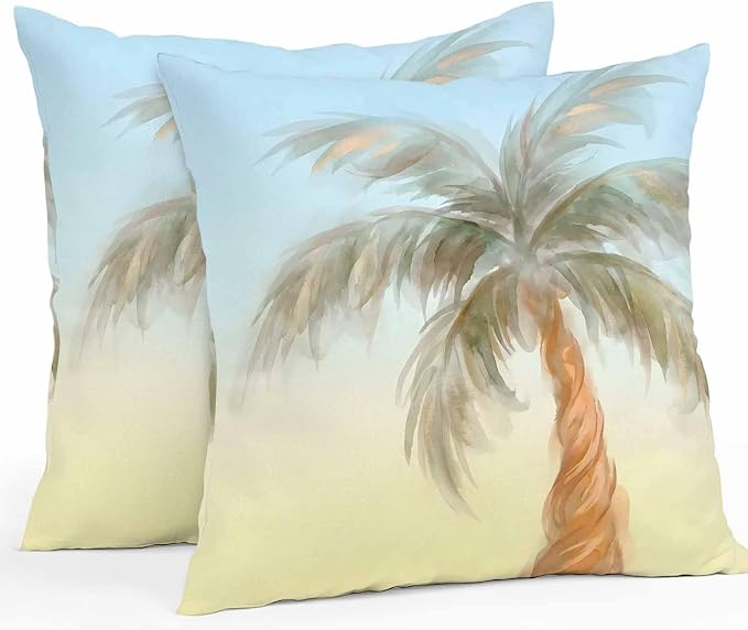 Yukro Summer Palm Tree Outdoor Waterproof Pillow Covers Pack of 2, Coastal Tropical Plant Watercolor Texture Throw Pillowcases Decorative Cushion Covers for Garden Patio Tent Sofa Couch, 20x20 inch
