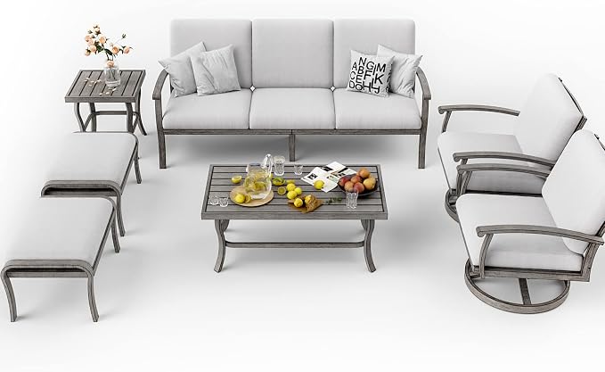 HAPPATIO 7 Piece Aluminum Patio Furniture Set, 3-Seat Outdoor Ottoman and Swivel Armchair, Outdoor Sectional Sofa with Side Table and Coffee Table, Garden Conversation Set for Lawn(Gray)