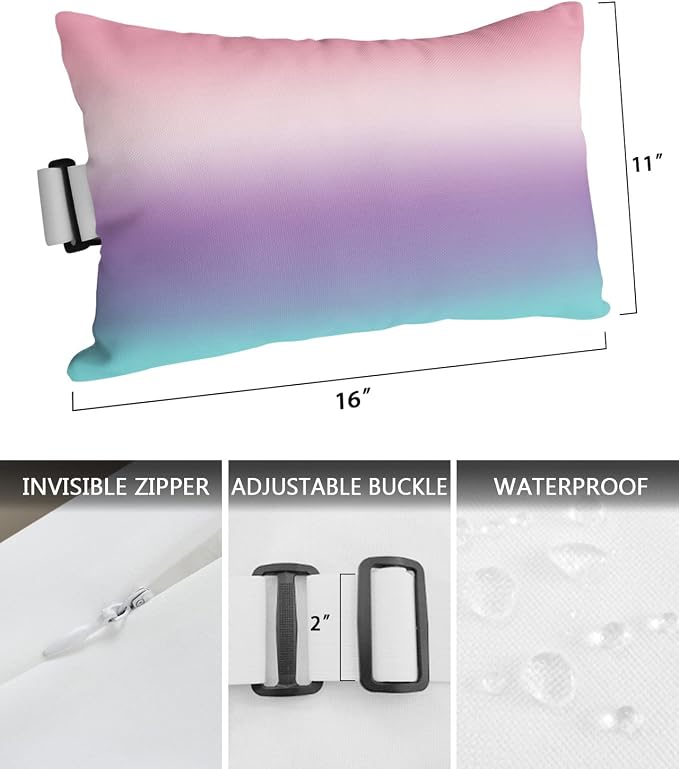 Outdoor Pillows Covers with Inserts Purple Pink Teal Gradient Waterproof Recliner Pillow with Adjustable Strap Throw Pillows for Patio Furniture Pool Lounge Chair, 11x16 inch, 1PCS