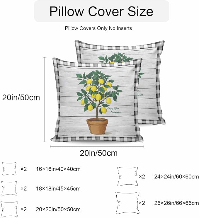 Summer Yellow Lemons Outdoor Waterproof Pillow Covers Set of 2, Green Leaf Botanical Gardens Wood Grain Plaid Pillowcase Decorative Throw Cushion Cases for Patio Garden Couch 20 x 20 Inches