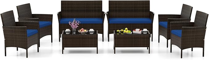 HAPPYGRILL 8 Pieces Outdoor Rattan Conversation Set, Patio Wicker Furniture Set with Loveseat Chairs & Tempered Glass Coffee Table, Outside Sectional Sofa Set for Backyard, Garden Poolside
