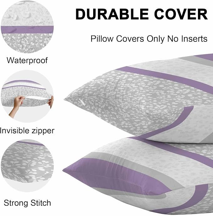Purple Grey Stripe Stitching Outdoor Pillow Covers 20x12in Pack of 2 Waterproof Pillowcase Rustic Pastoral Flwoer Decorative Throw Cushion Case for Patio Couch Sofa