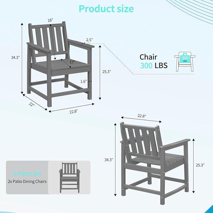 Outdoor Patio Dining Chair Set of 2, All-Weather HDPE Patio Chairs with Backrest and Armrest, 300 lbs Support Outdoor Furniture Chairs for Backyard, Garden, Deck, Grey