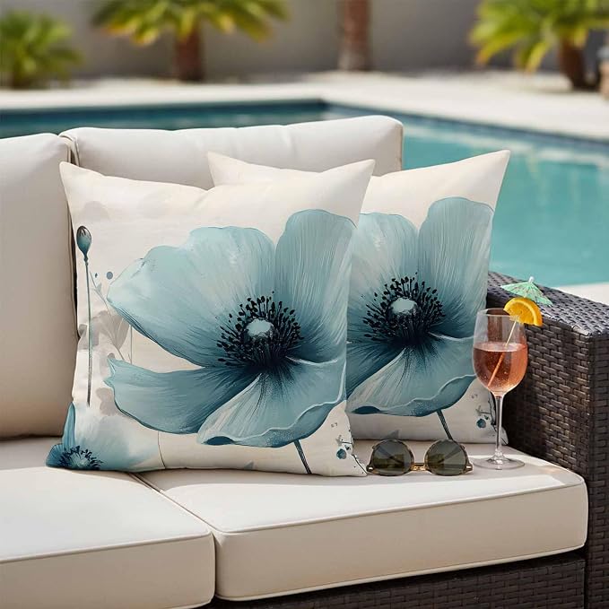 Blue Flowers Butterfly Outdoor Waterproof Throw Pillow Covers Set of 2, 26"x26", Watercolor Retro Leaf Pastoral Style Decorative Pillow Covers Outside Cushion Case for Patio Porch Garden