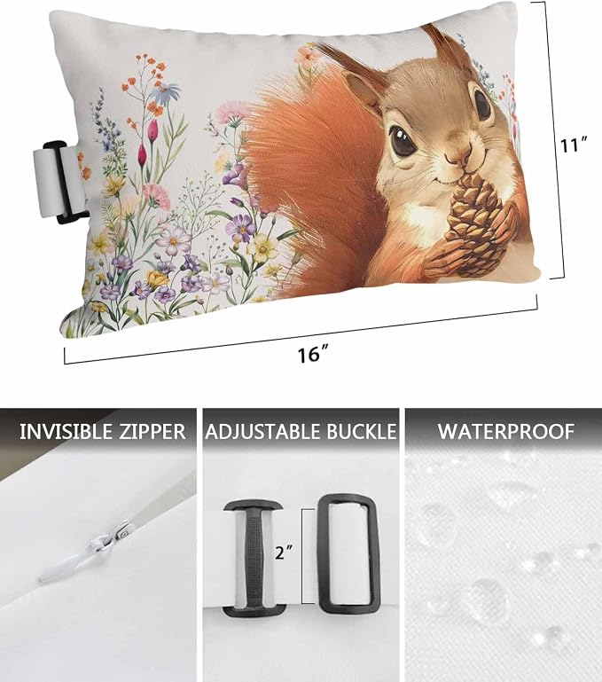 Pack of 2 Outdoor Lumbar Pillow Covers 11x16 Inch, Fall Squirrel Waterproof Throw Pillow Covers Set, Botanical Watercolor Flower Leaf Plant Indoor&Outdoor Cushion Cases for Patio Porch Beach