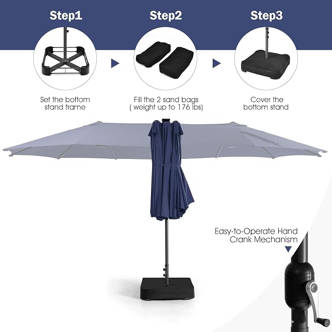 Tangkula 11 Pieces Patio Dining Set with 15 ft Double-Sided Patio LED Umbrella (Base Included), Outdoor Rattan Furniture Set with 8 Armchairs, 1 Rectangular Acacia Wood Dining Table (Navy)