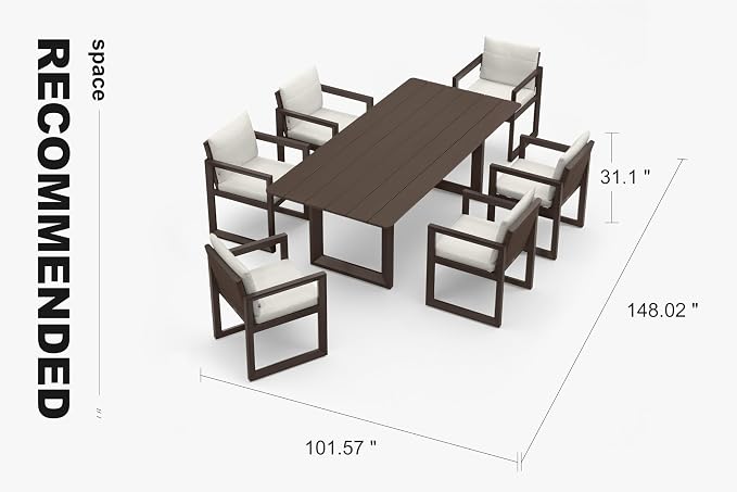 PURPLE LEAF Outdoor Dining Set for 6 Aluminum Luxury Patio Furniture Table and Chairs Set with Removable Thick Cushion Rectangular Patio Dining Sets for Small Backyard Garden Porch Deck, Bronze