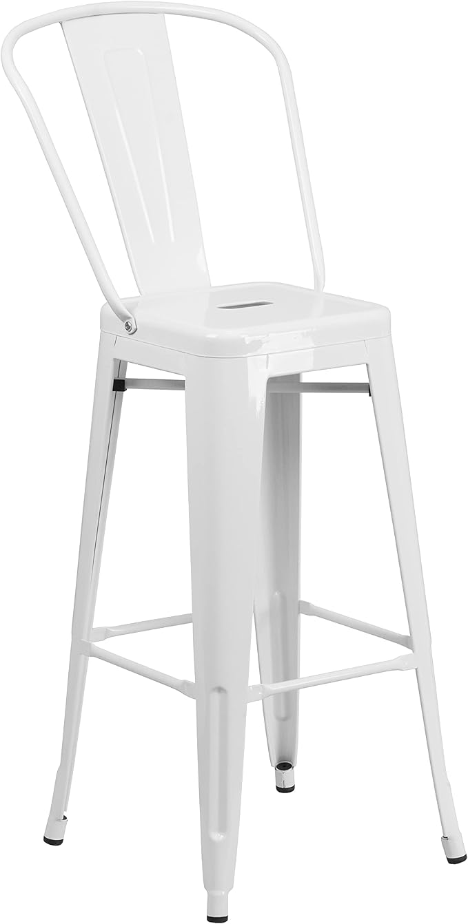 EMMA + OLIVER Commercial Grade 23.75SQ White Metal Indoor-Outdoor Bar Table Set-2 Stools-Backs