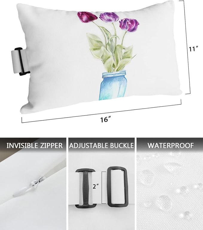 Outdoor Pillows Covers with Inserts Hand Drawn Watercolor Purple Flowers on Blue Vase Waterproof Pillow with Adjustable Strap Throw Pillows for Patio Furniture Recliner Lounge Chair, 11x16 inch, 2PCS
