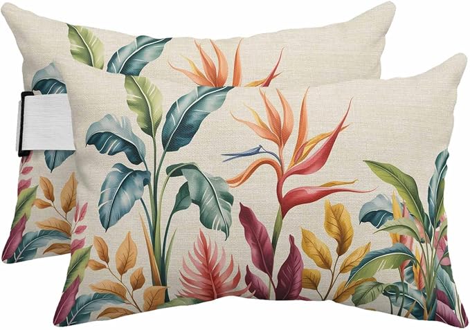 Outdoor Lumbar Pillow Set of 2, Tropical Plants Waterproof Beach Headrest Pillow with Inserts, Summer Vintage Botanical Flower Leaf Beige Recliner Throw Pillows for Patio Furniture, 11 x 16