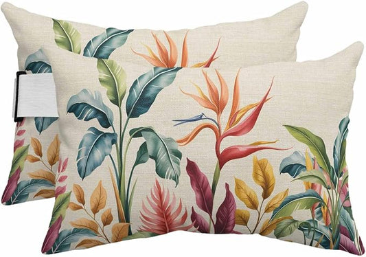 Outdoor Lumbar Pillow Set of 2, Tropical Plants Waterproof Beach Headrest Pillow with Inserts, Summer Vintage Botanical Flower Leaf Beige Recliner Throw Pillows for Patio Furniture, 12 x 20