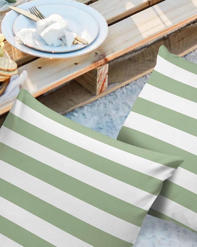 Outdoor Pillows 18x18 Waterproof Outdoor Pillow Covers Spring Stripes Green Polyester Throw Pillow Covers Garden Cushion Decorative Case for Patio Couch Decoration Set of 2 Sage Green