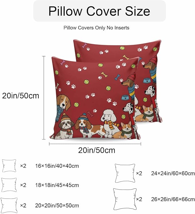 Cartoon Dogs Outdoor Pillow Covers 26x26 Inch Throw Pillow Covers Set of 2 Waterproof Decorative Pillow Cases Red Cute Animals Dogs Paws Prints Cushion Covers for Patio Furniture Garden Couch Sofa