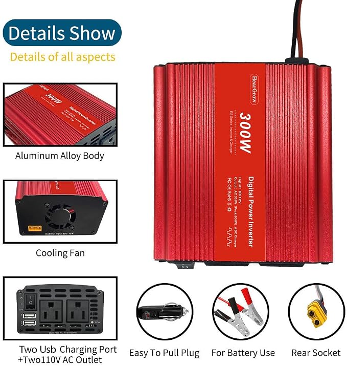 Car Power Inverter 300W Power Inverter for Car, Car Inverter Power Outlet DC 12V to 110V AC Converter Outlet Charger with one USB Charger and one Type-C for Phone, iPad, Laptop, Camera, Camping, etc
