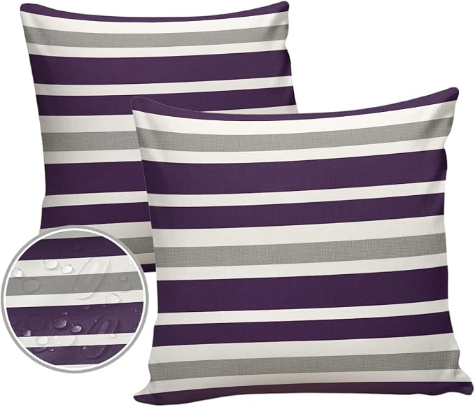 Outdoor Waterproof Pillow Covers for Patio Furniture Purple, Grey and White Stripes Decorative Throw Pillow Cover Farmhouse Stripe Pillowcases Set of 2 Cushion Case for Sofa Couch Chair 16 x 16 In