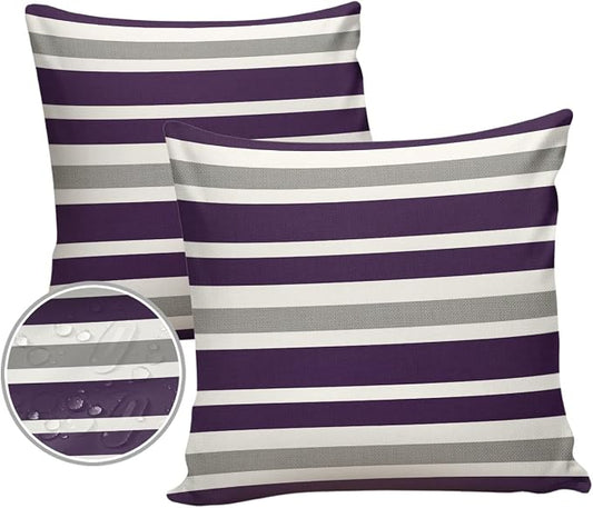 Outdoor Waterproof Pillow Covers for Patio Furniture Purple, Grey and White Stripes Decorative Throw Pillow Cover Farmhouse Stripe Pillowcases Set of 2 Cushion Case for Sofa Couch Chair 16 x 16 In