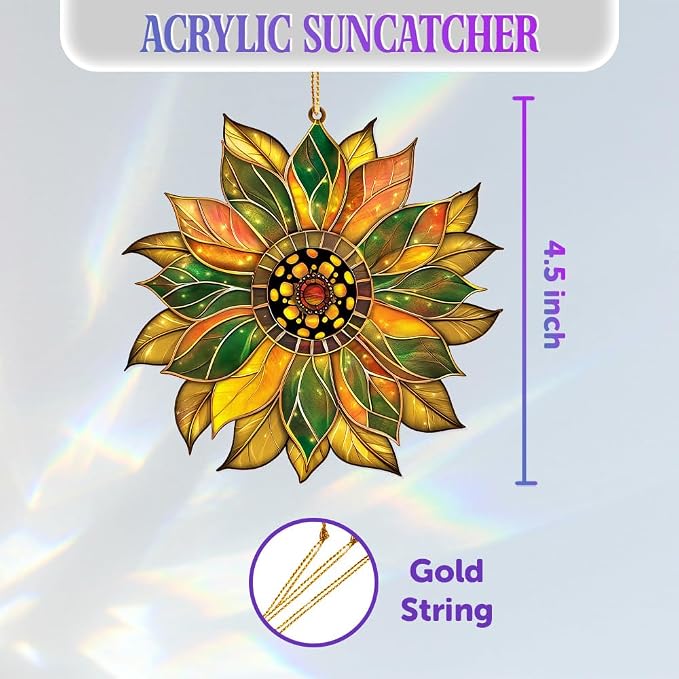 Stained Glass Acrylic Sunflower Ornament – Colorful Glass Sun Catcher for Windows, Christmas Tree Decoration 2025, Hanging Holiday & Everyday Décor Gift(Sun-22)