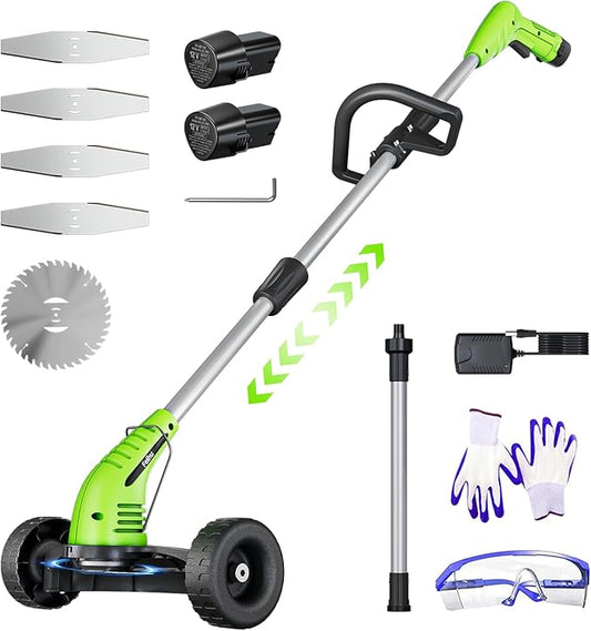 Electric Weed Wacker: Cordless Weed Trimmer with 2 * 2.0Ah Li-Ion Battery Powered & 4 Cutting Blade Types, Wheel Trimmer Lightweight Ajustable Pole &Back-Friendly Compact Power Tool for Lawn Yard Work