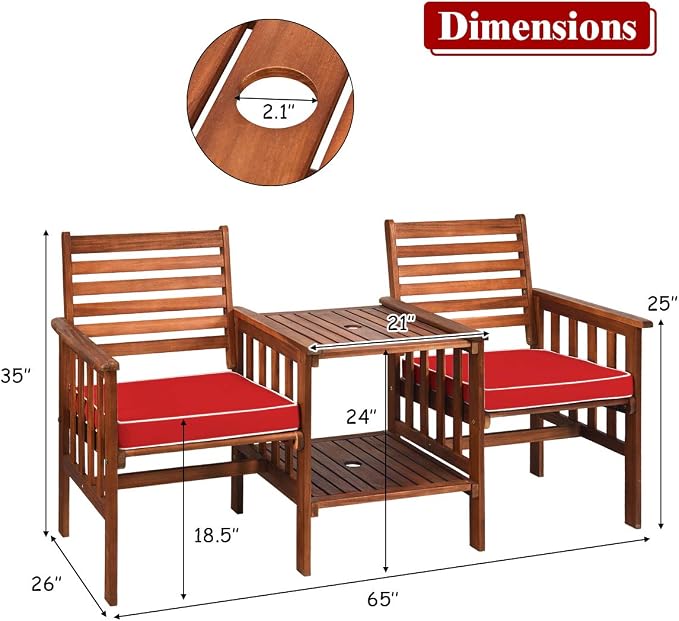 Tangkula Acacia Wood Loveseat, 3pcs Outdoor Table Chairs Set, Patio Conversation Set w/Coffee Table and Soft Cushions, 2.1-inch Umbrella Hole, 2-Seater Furniture Set (Red)